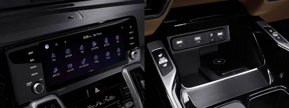 Bản cao cấp của Kia Sorento 2022 còn có màn hình thông tin giải trí 10,25 inch Bản cao cấp của xe còn có màn hình thông tin giải trí 10,25 inch và sạc điện thoại thông minh không dây