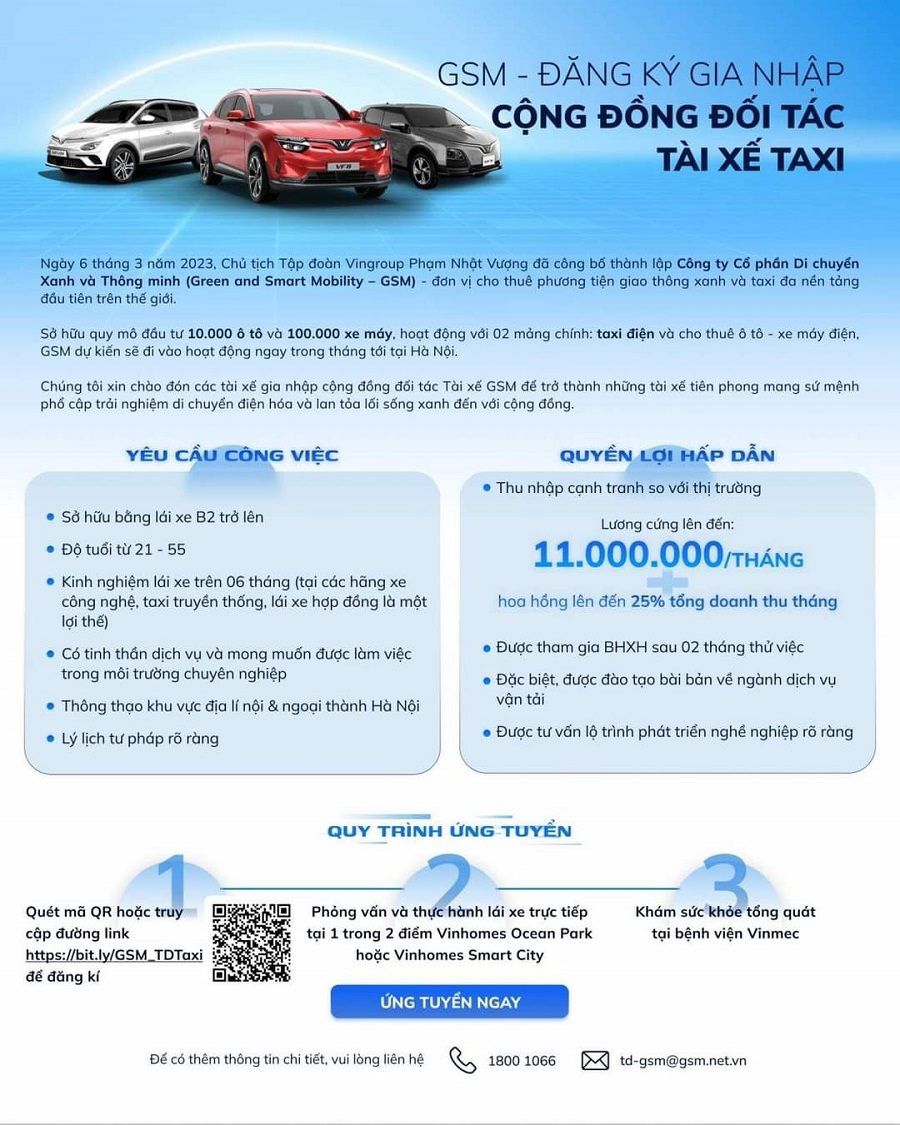 Tin tuyển dụng: Quy trình ứng tuyển và các chính sách cho tài xế taxi VinFast tại GSM