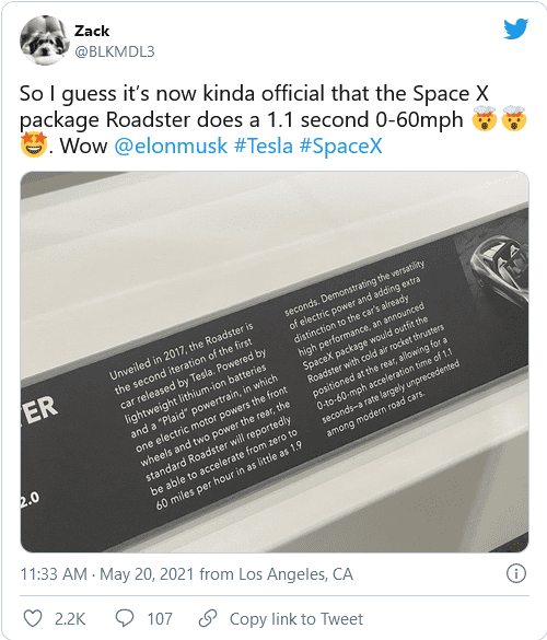 Lời mô tả kèm theo nguyên mẫu Tesla Roadster mới được chia sẻ lên Twitter Lời mô tả kèm theo nguyên mẫu Tesla Roadster mới được chia sẻ lên Twitter